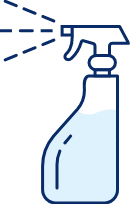 Group 93 Illustration of a spray bottle with a trigger nozzle. The bottle contains a light blue liquid, and droplets can be seen being sprayed out. The image is simplified with bold, clear lines, ideal for promoting commercial cleaning services.